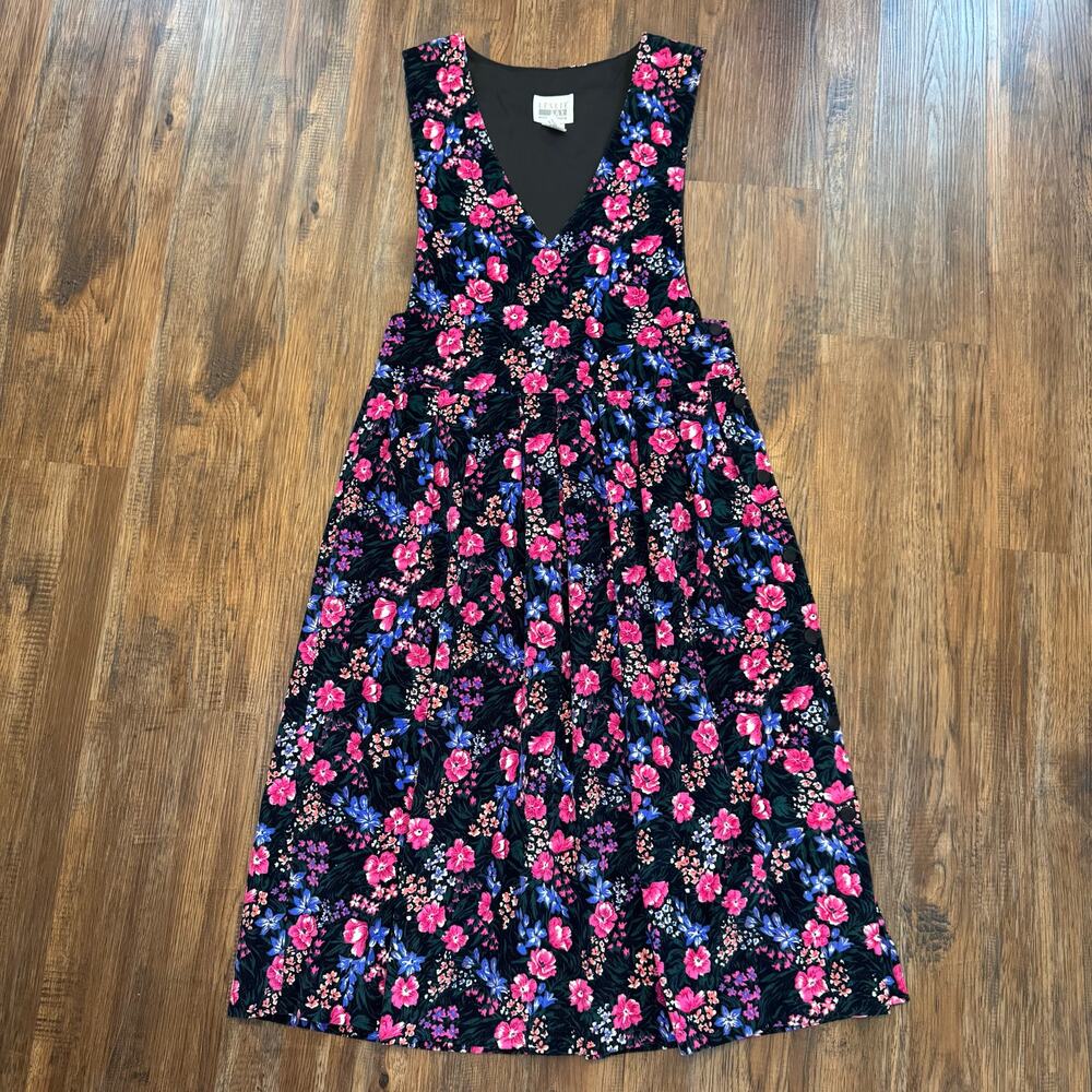 Leslie Fay Petite Sportswear size 6 black corduroy floral jumper dress VINTAGE